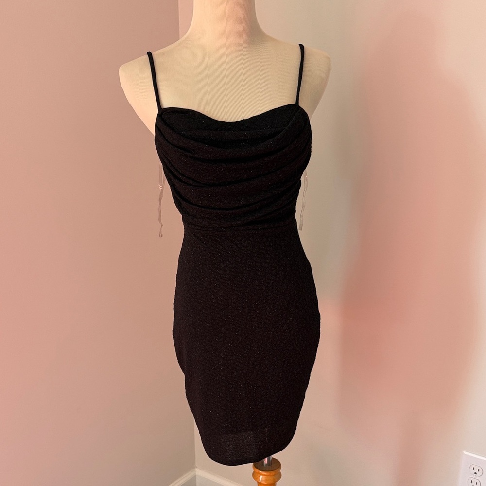 Windsor Black Ruched Cowl Neck Mini Dress